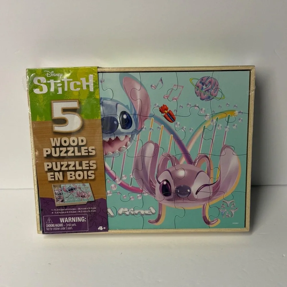 Disney Stitch 5 Wood Puzzles Set with Storage Tray Spin Master New Lilo & Angel